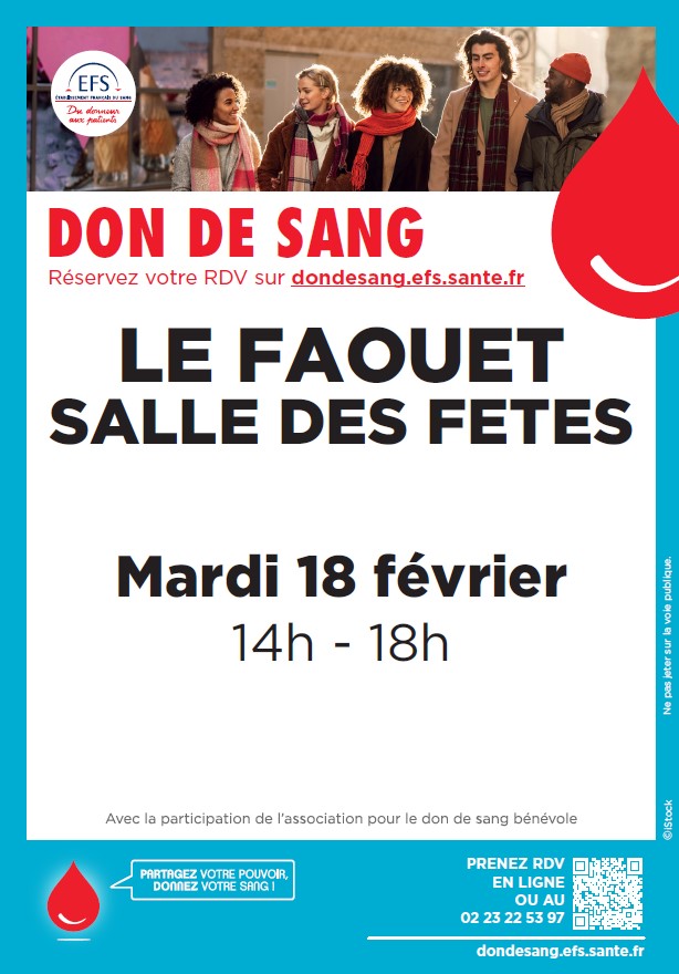 Prochaine collecte don de sang : LE FAOUET – SALLE DES FETES  – MARDI 18 FEVRIER